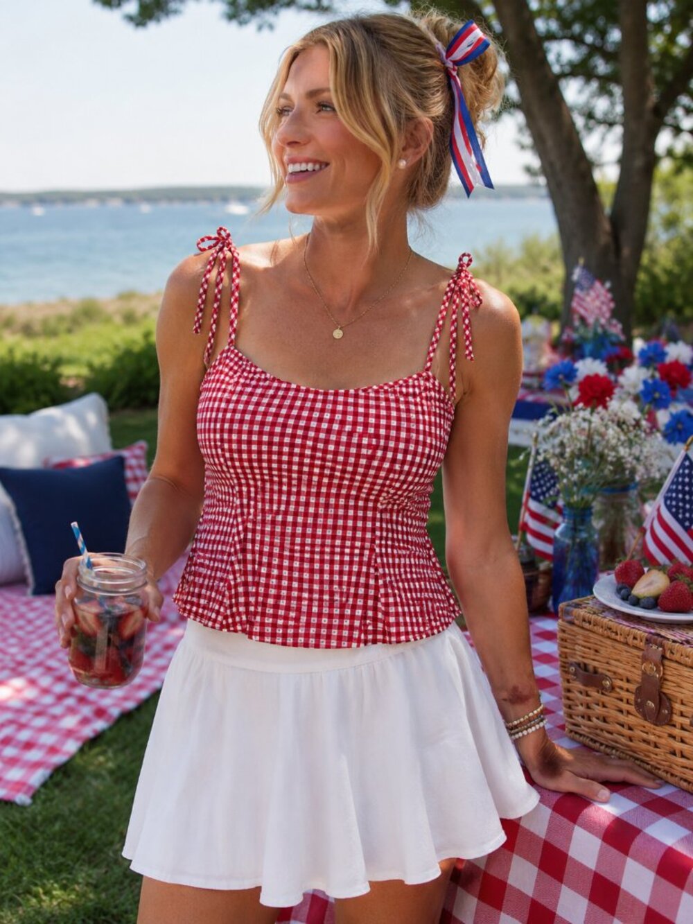 Zara Cropped Spaghetti Tie Strap Top - Red and White - Size Small